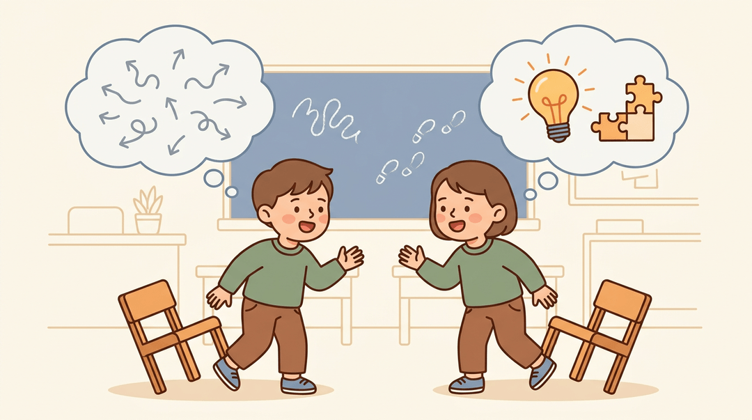 Two students gesture similarly while seated chairs are overturned, contrasting a scattered mind with clear understanding shown in thought bubbles.