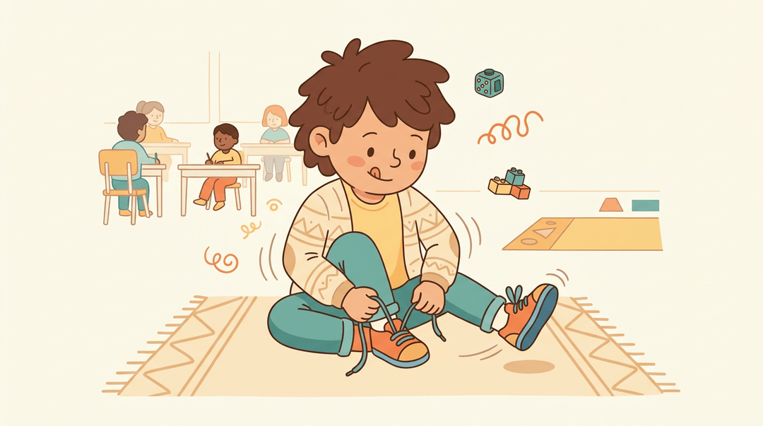 A focused child ties shoelaces on a rug, surrounded by doodles of fidget tools and blocks, illustrating active learning.