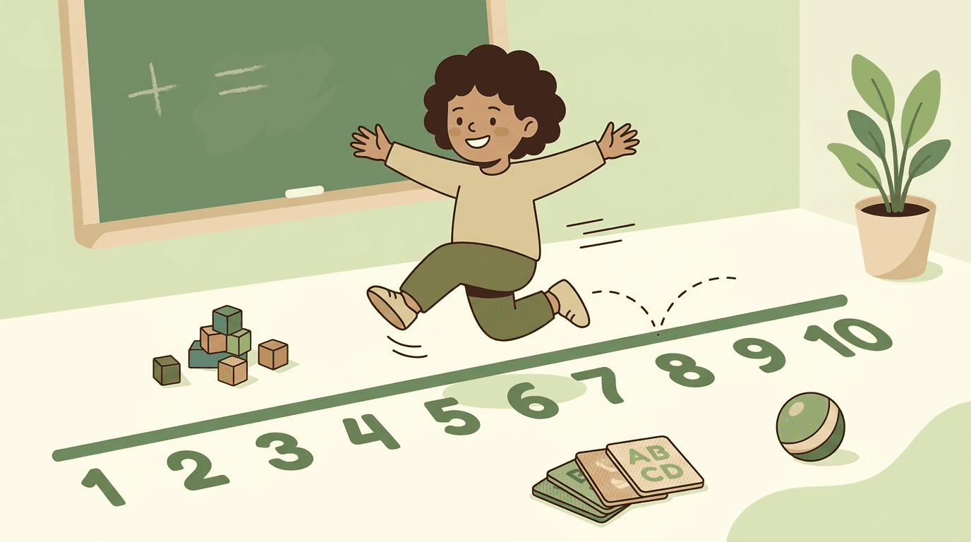 Child hopping on a floor number line with blocks and cards, illustrating kinesthetic learning.