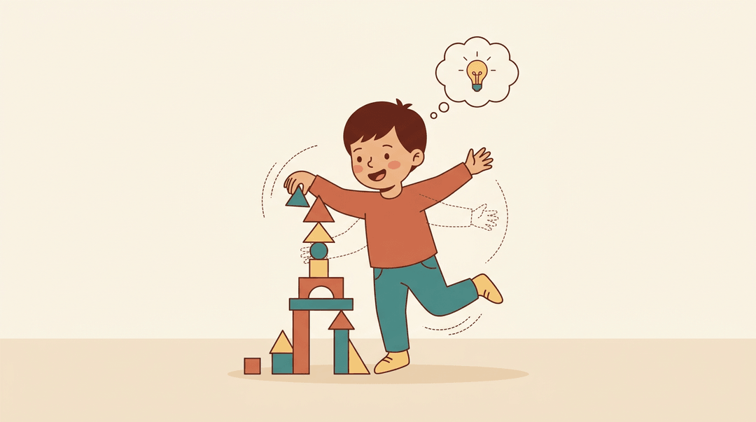 Child stacking blocks with motion lines and a lightbulb thought bubble, showing learning through movement.