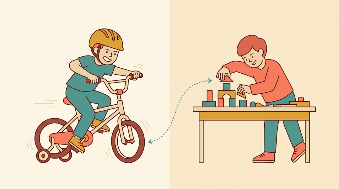 A child riding a wobbly bike mirrors a student building with blocks, illustrating learning by doing.