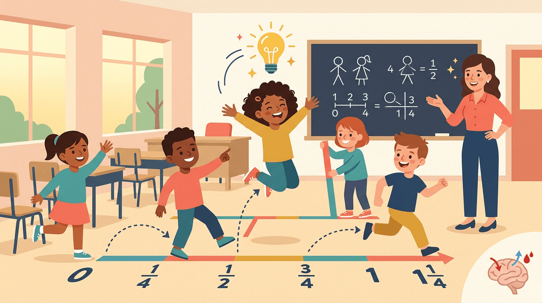 Students move energetically in a classroom to learn, while a teacher watches with a smile.