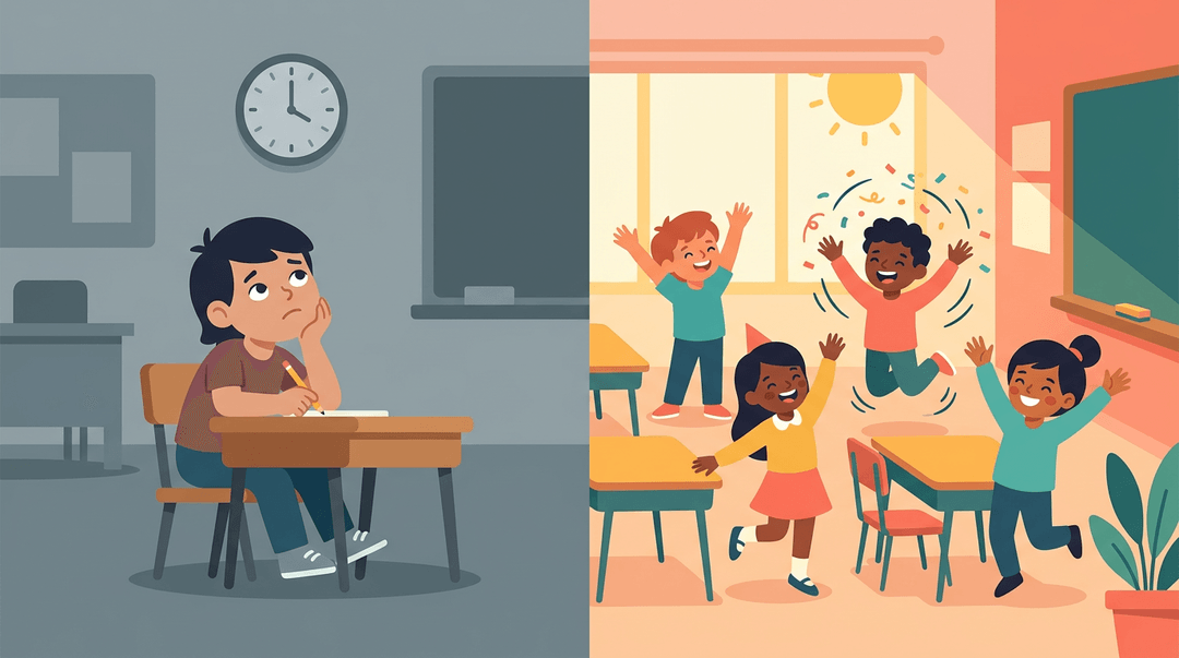 Split scene contrasting bored students with energetic kids dancing and jumping to show how movement re-energizes learning.