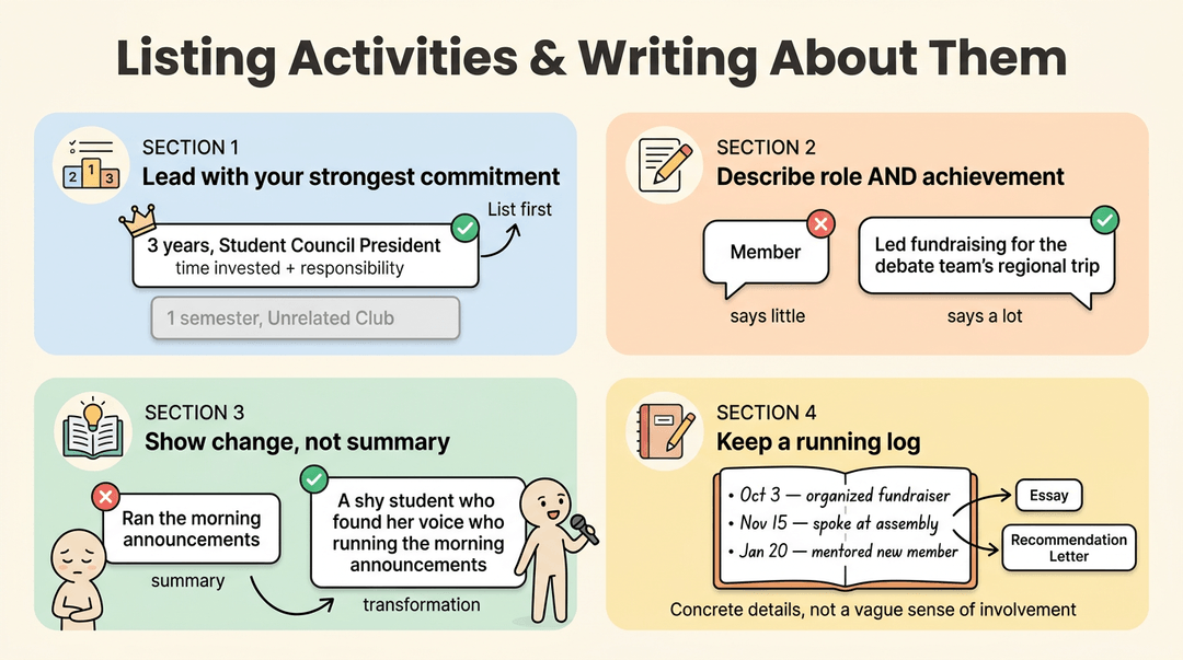 Infographic showing four tips for listing activities: lead with strongest commitment, describe achievements, show change, and keep a running log.