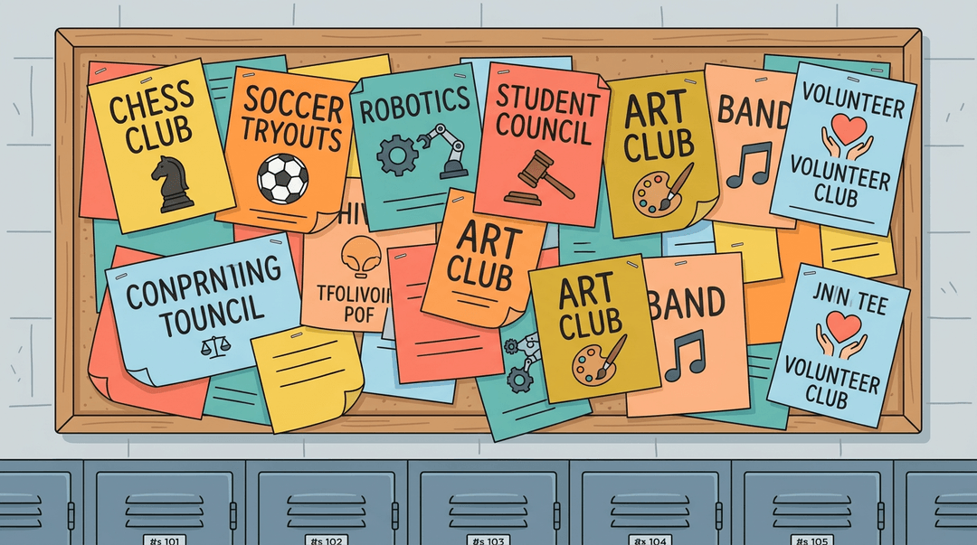 A bulletin board covered in colorful flyers for school clubs like chess, robotics, and art, set against a hallway with lockers.
