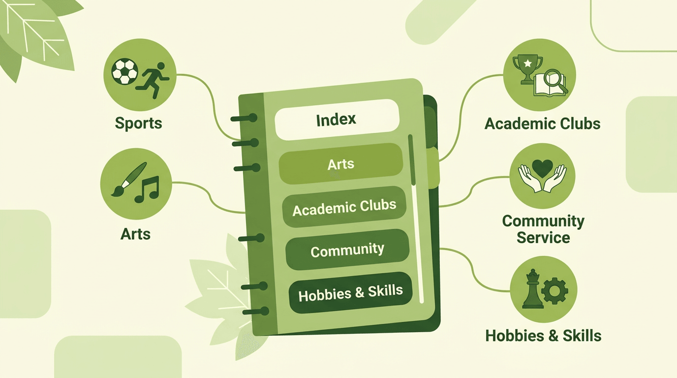 A green-themed infographic shows a central notebook connected to icons for sports, arts, clubs, service, and hobbies.