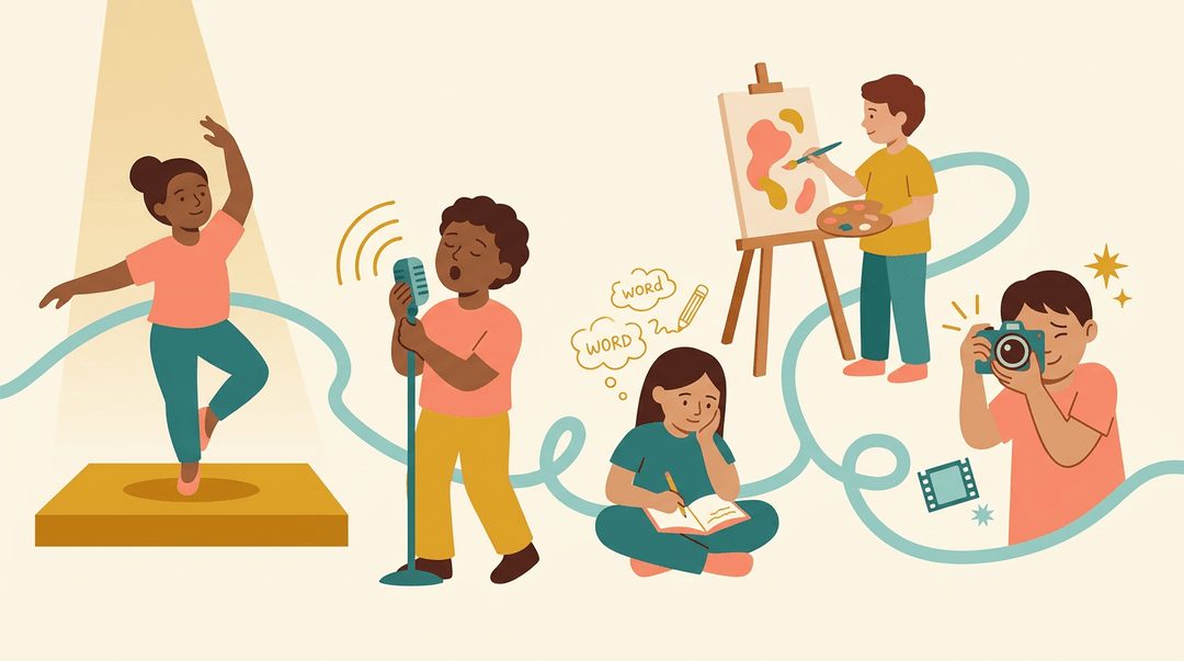 Diverse students express creativity through dance, singing, writing, photography, and painting, connected by a flowing ribbon.