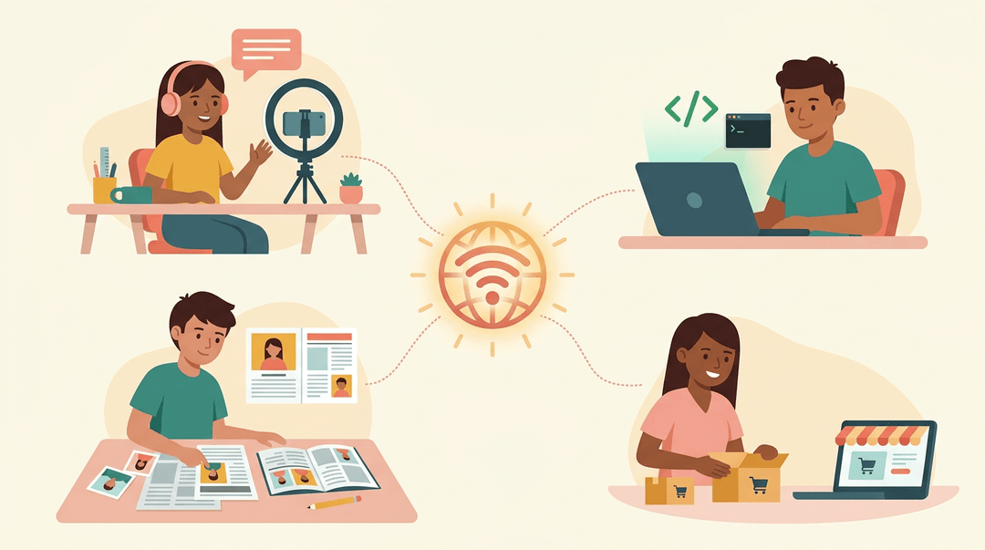 Four diverse teens engaged in digital activities like vlogging and coding are connected by dotted lines to a central glowing Wi-Fi globe.
