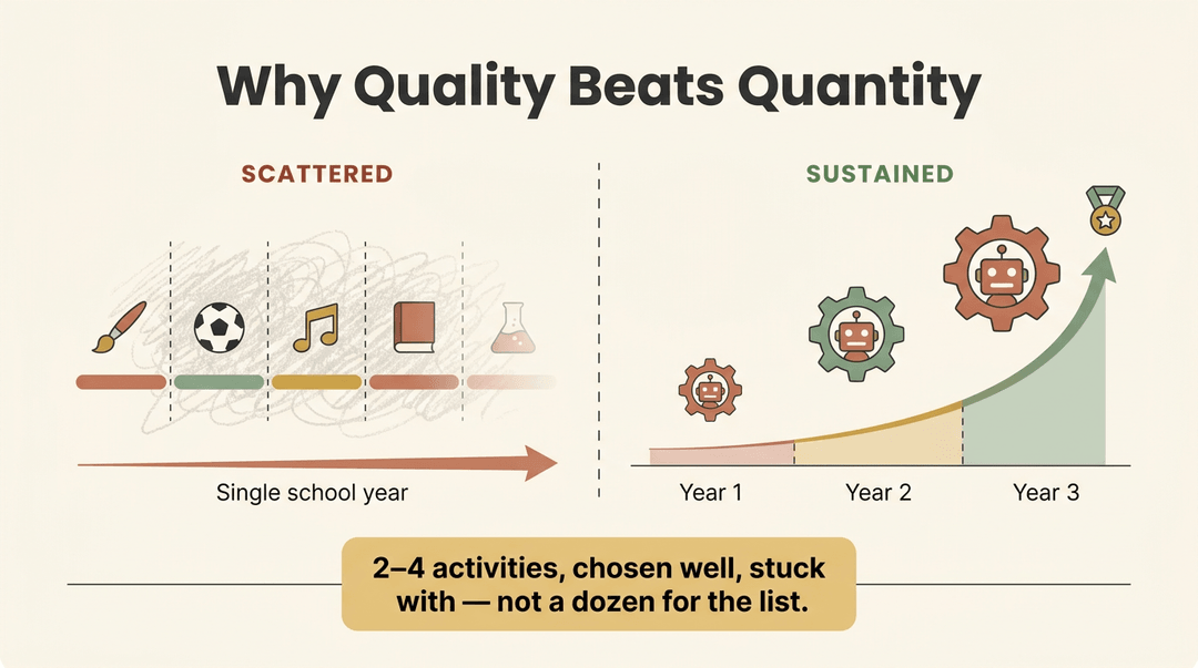 Infographic comparing scattered activities to sustained growth, advocating for fewer, well-chosen pursuits over many.