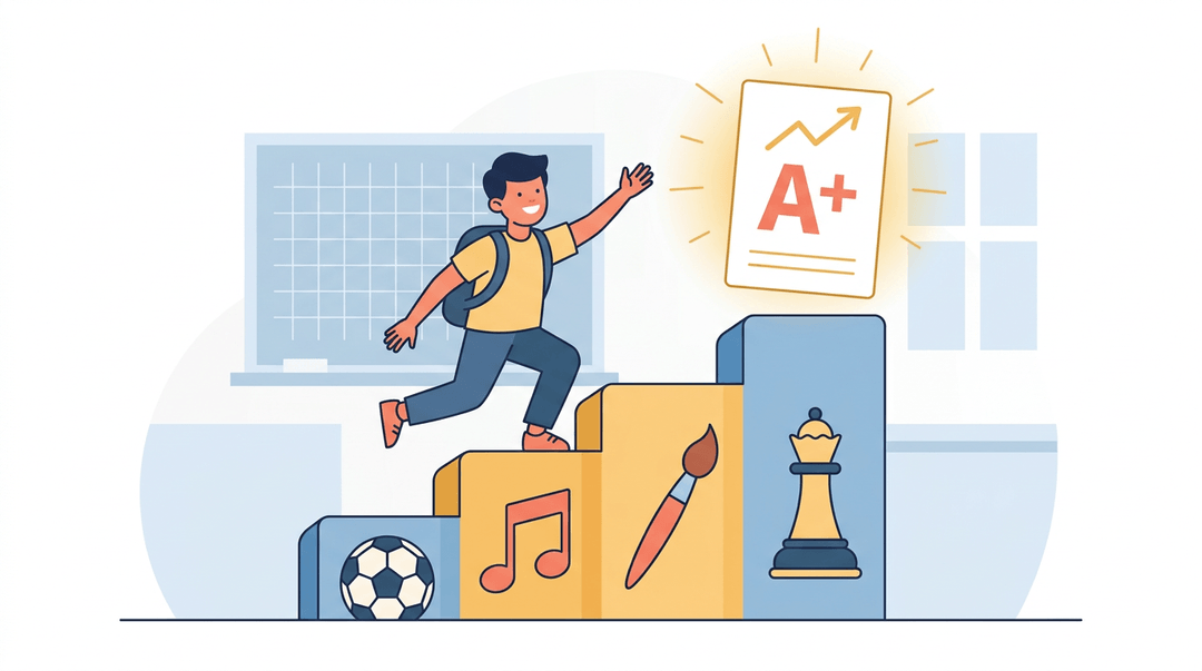 A student climbs steps shaped like activity icons to reach an A+ report card, showing how extracurriculars boost grades.