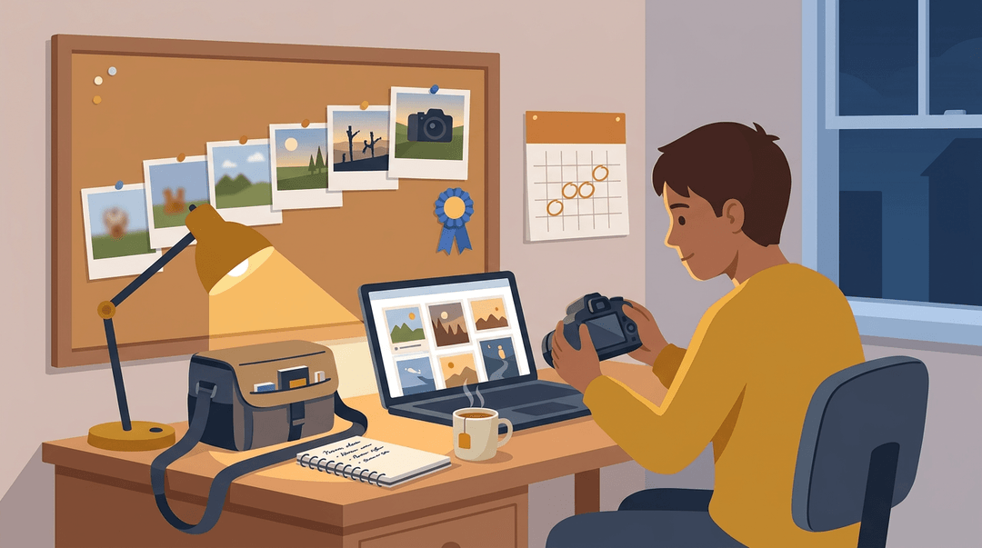 A teen studies photos at a desk, with a corkboard showing skill growth and a calendar marking consistent practice.
