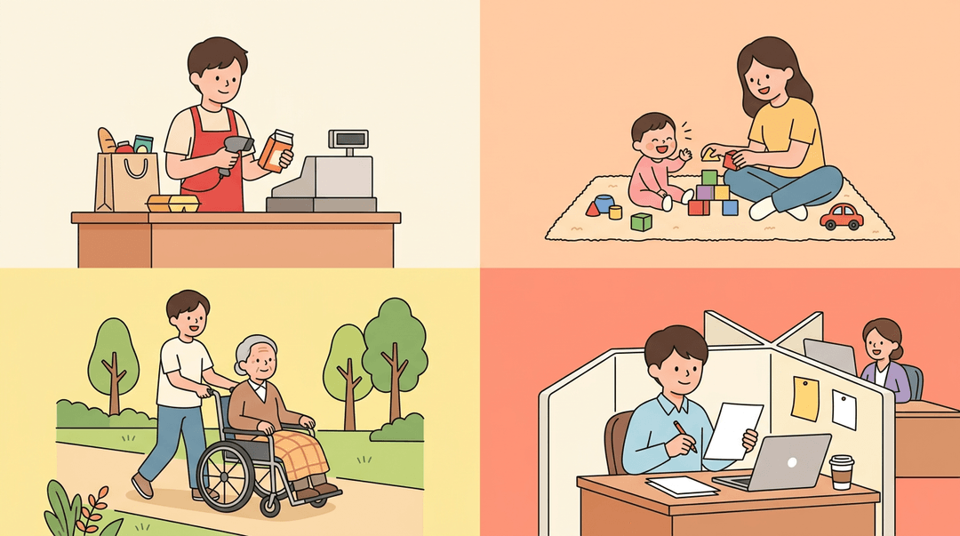 Four panels show teens working retail, babysitting, caring for a grandparent, and interning in an office.