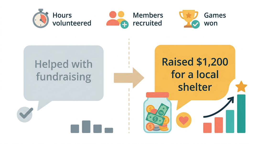 A split illustration contrasts vague volunteering with specific impact, showing how detailed metrics like funds raised are more effective than general descriptions.