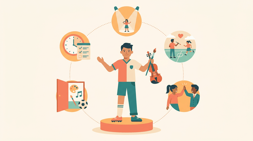 A student stands proudly on a stage surrounded by icons representing time management, confidence, stress relief, friendship, and new interests.