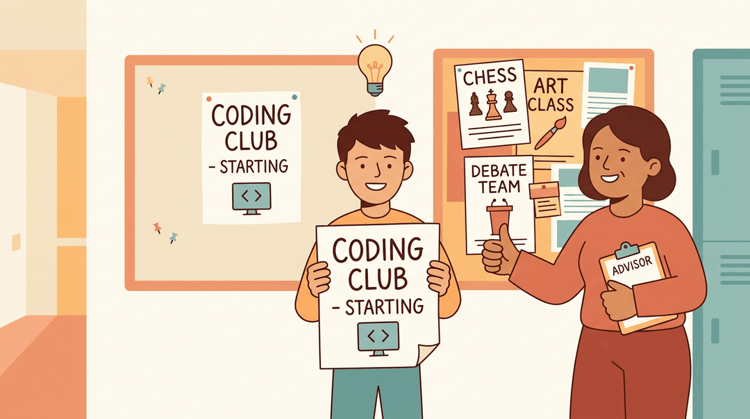 A student holds a 'Coding Club' poster in a hallway while a teacher gives a thumbs up, symbolizing a new initiative.