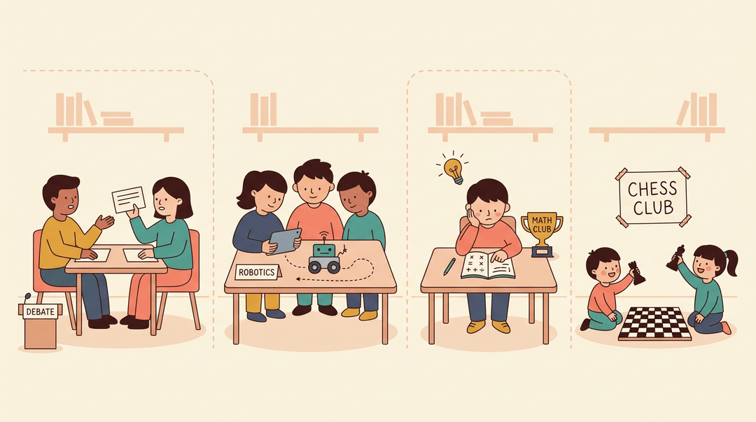 Four cozy school nooks show students debating, coding robots, solving math, and playing chess.