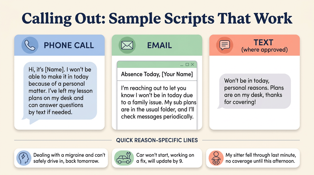 Three cards show sample scripts for phone, email, and text absence notifications, plus quick reason-specific lines below.