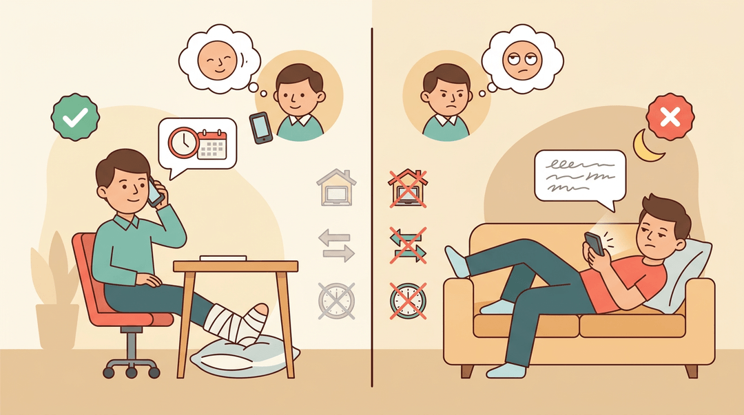 A split illustration compares a professional remote call with a bandaged employee to an inappropriate late-night text, using icons to show right and wrong communication.