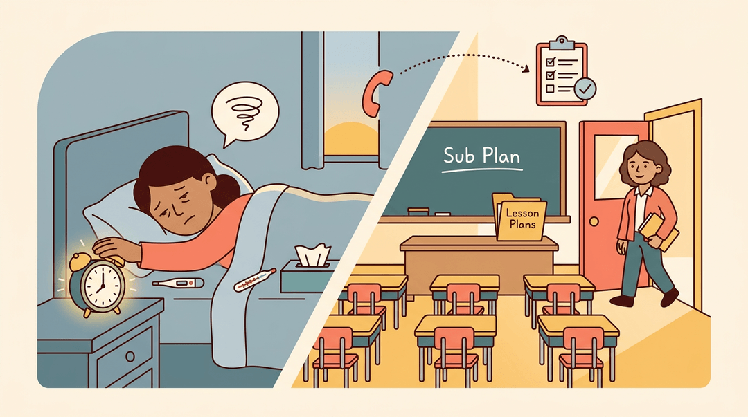 A teacher sick in bed calls a substitute who arrives at the classroom with lesson plans.