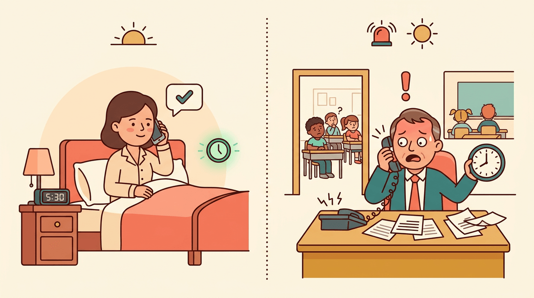 A split image contrasts a calm teacher calling early with a chaotic school office reacting to a last-minute absence.