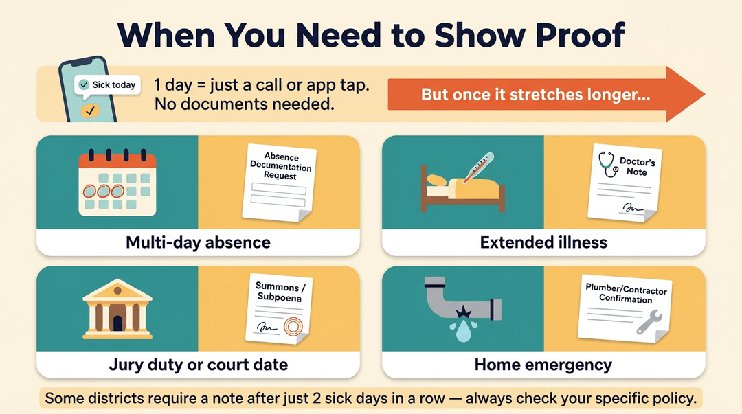 Infographic showing when teachers need proof for absences, contrasting short calls with documents for longer illnesses, court dates, or emergencies.
