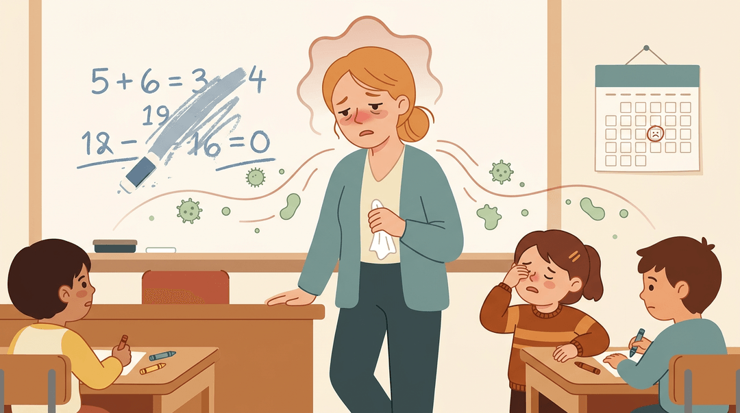 A sick teacher stands before students as green germs drift toward them, illustrating the importance of staying home.