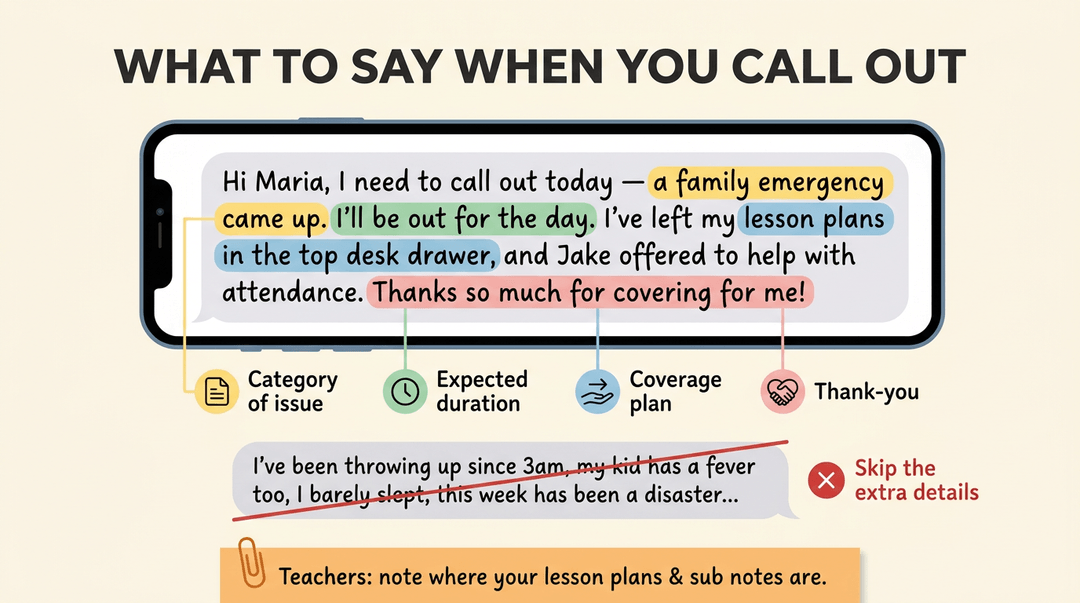 Infographic showing how to professionally call out sick, highlighting key info like duration and coverage while avoiding oversharing details.