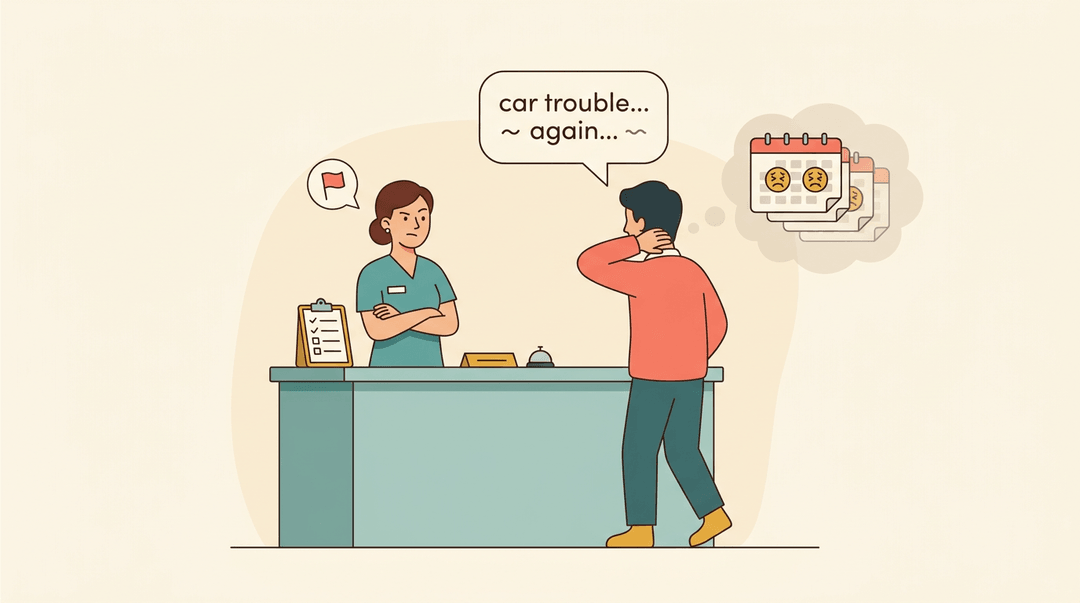 A skeptical receptionist faces a nervous employee with an excuse, while a thought bubble reveals repeated sick days.