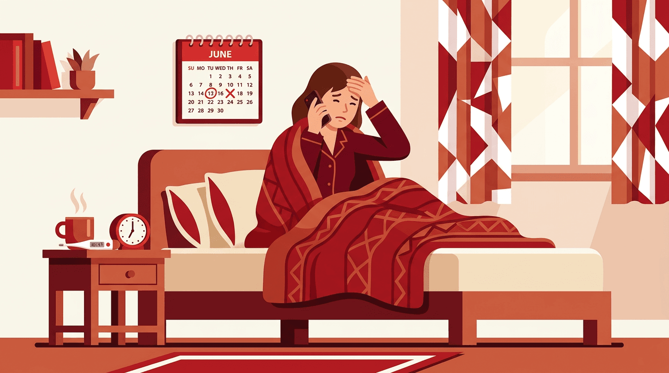 A person in bed calls in sick, holding a phone and thermometer next to a calendar marked with an X.