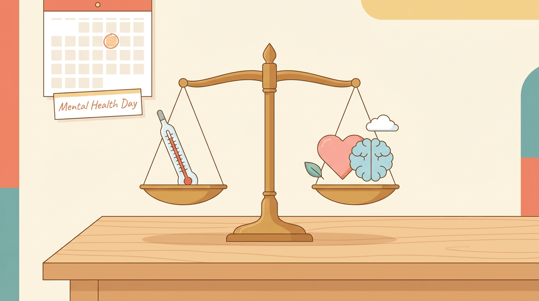 A balanced scale shows a thermometer equal to a heart and brain, symbolizing mental health days are as valid as sick days.
