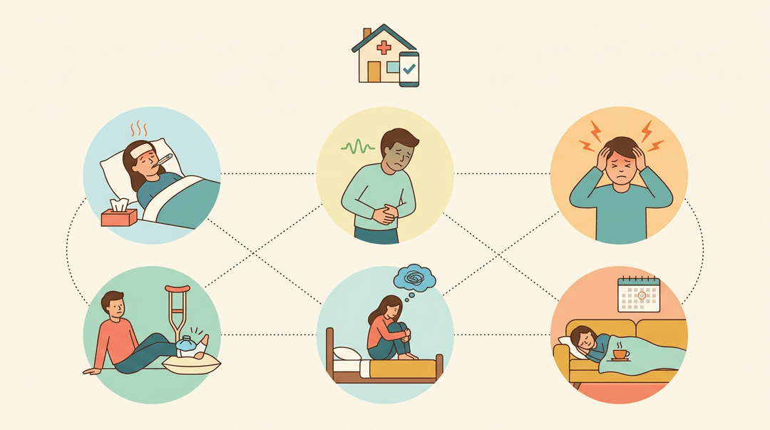 Six icons show valid sick reasons: fever, stomach bug, migraine, injury, anxiety, and mental health day, linked by dotted lines.