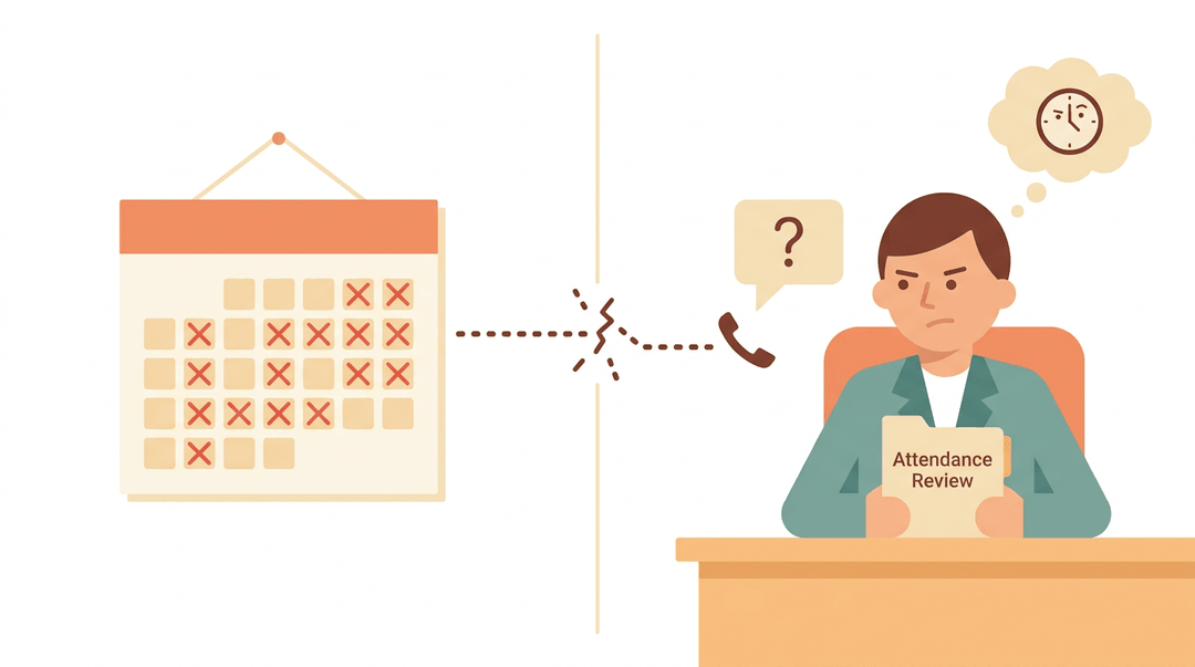 Calendar with red Xs connects to a skeptical principal holding an attendance folder, showing eroding trust.