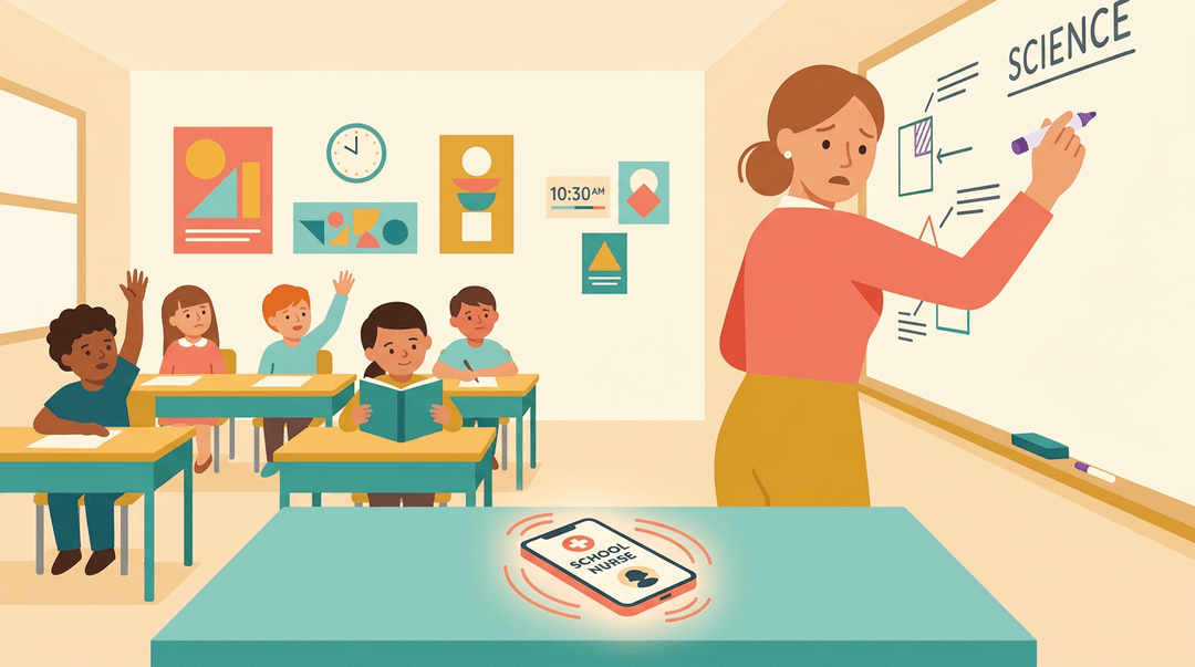 A surprised teacher pauses her lesson to answer a ringing phone from the school nurse while students work in the background.