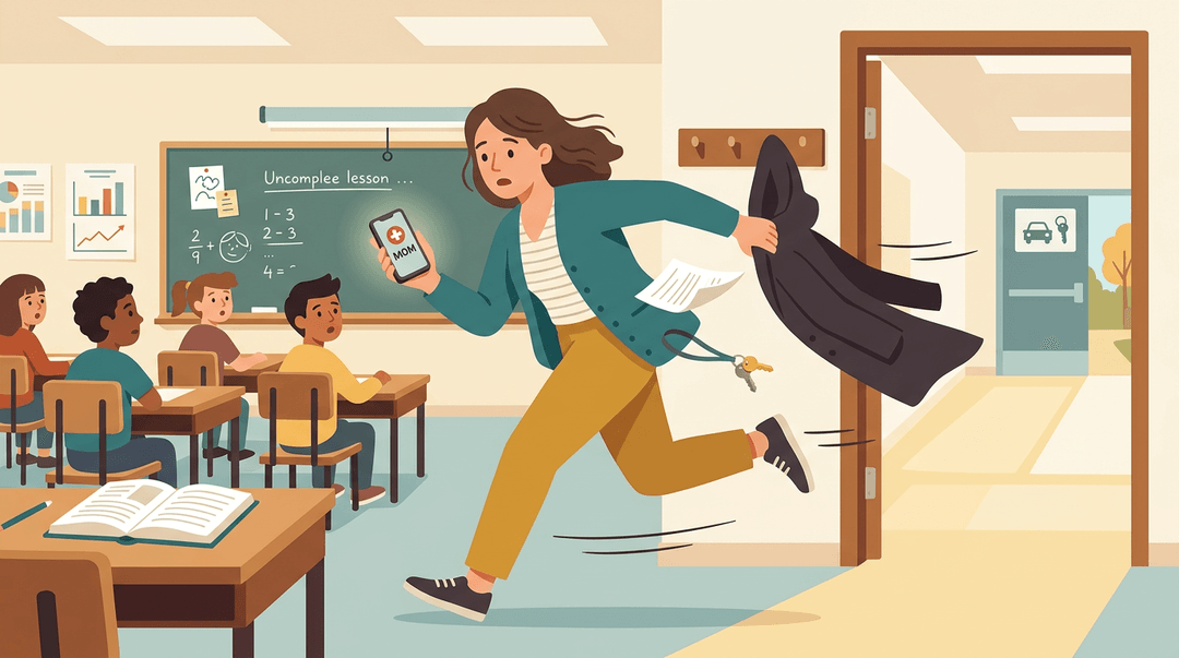 A teacher rushes out of class with her phone showing a hospital icon, conveying urgent family emergency.