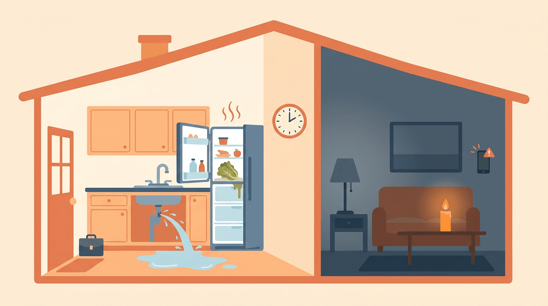 A split view shows a kitchen leak and spoiling food next to a living room power outage with a candle, indicating multiple household emergencies.