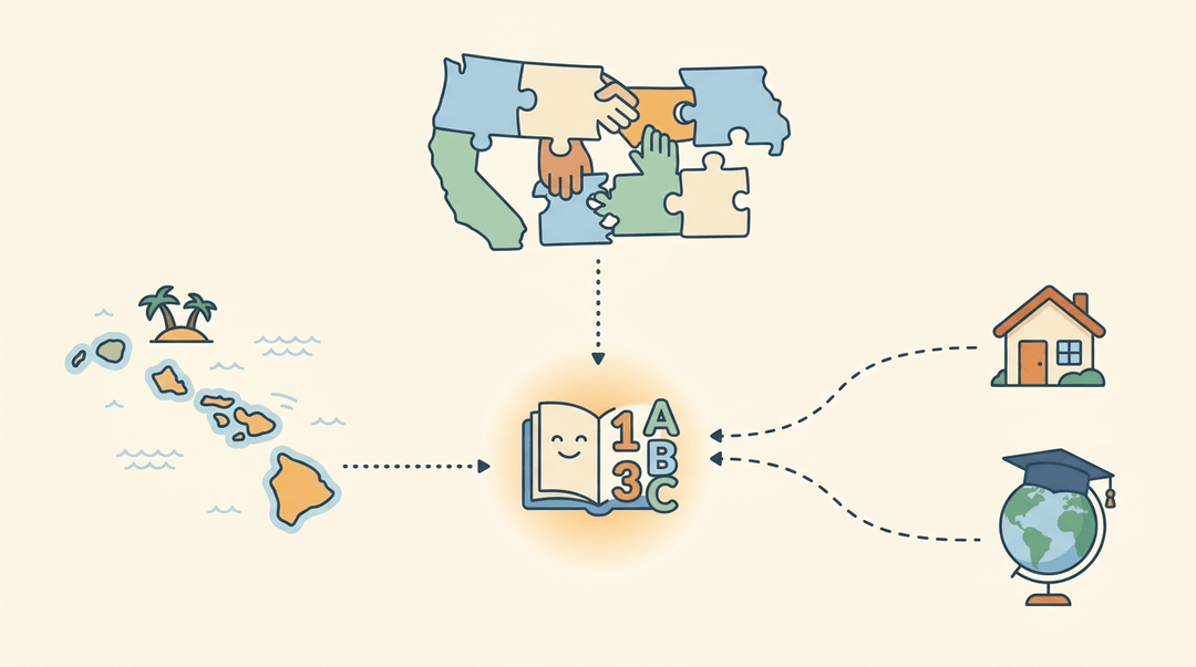 A central book icon connects to islands, puzzle states, a home, and a globe via dotted lines, symbolizing unified educational standards.