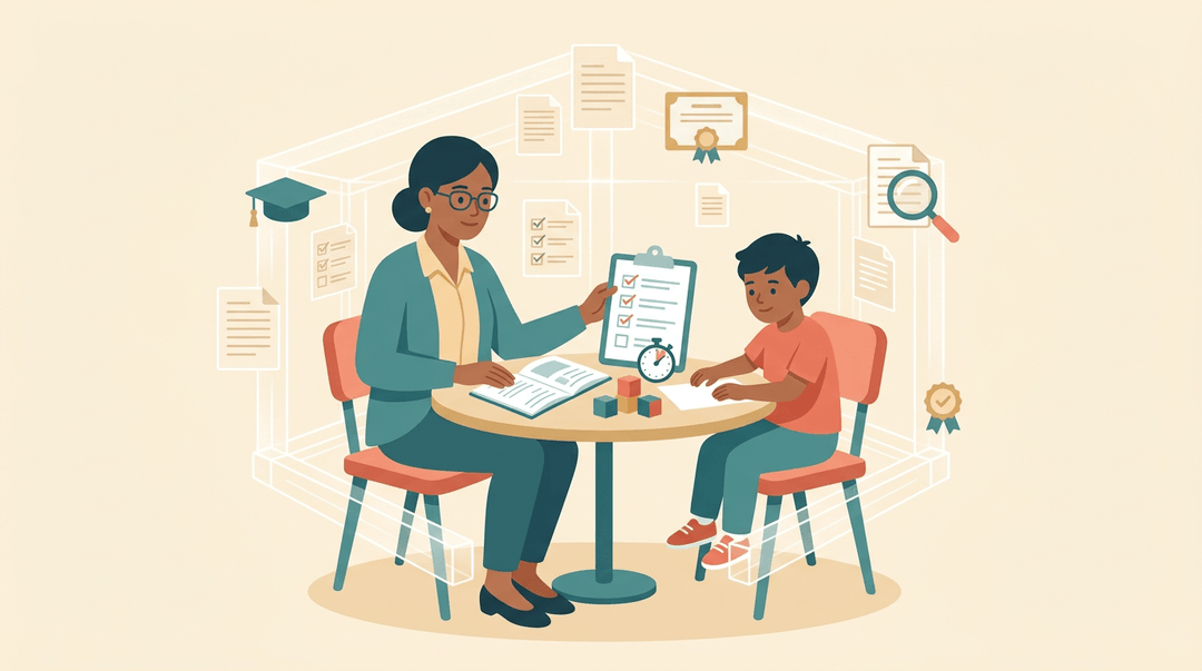 School psychologist administers a cognitive test to a student, supported by an invisible scaffold of professional standards and credentials.