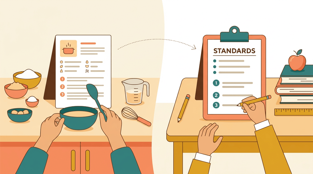Hands cooking from a recipe and writing lesson plans on a clipboard labeled STANDARDS, linked by an arrow.