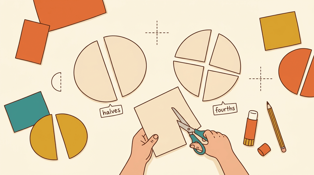 A top-down view of a first-grade classroom table with paper shapes cut into halves and fourths, scissors, and labels.