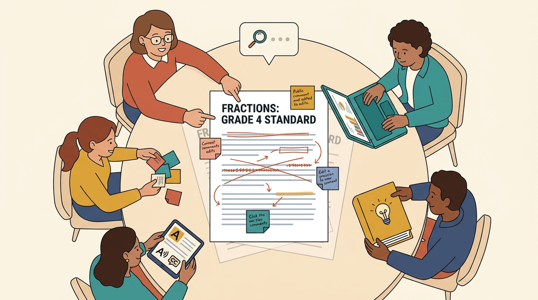 Five educators review a Grade 4 fractions document with visible edits and sticky notes around a round table.