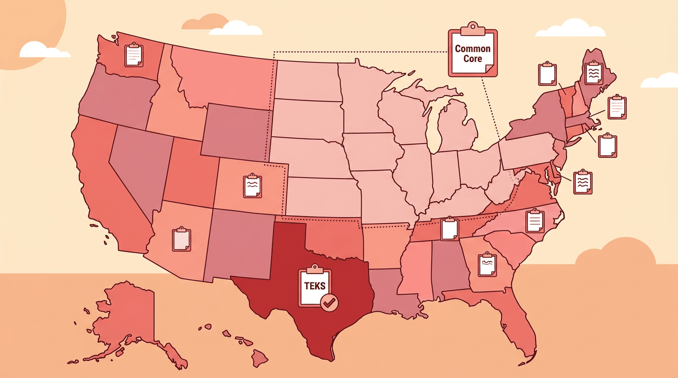 Map of US states as puzzle pieces showing varied educational standards like TEKS and Common Core.