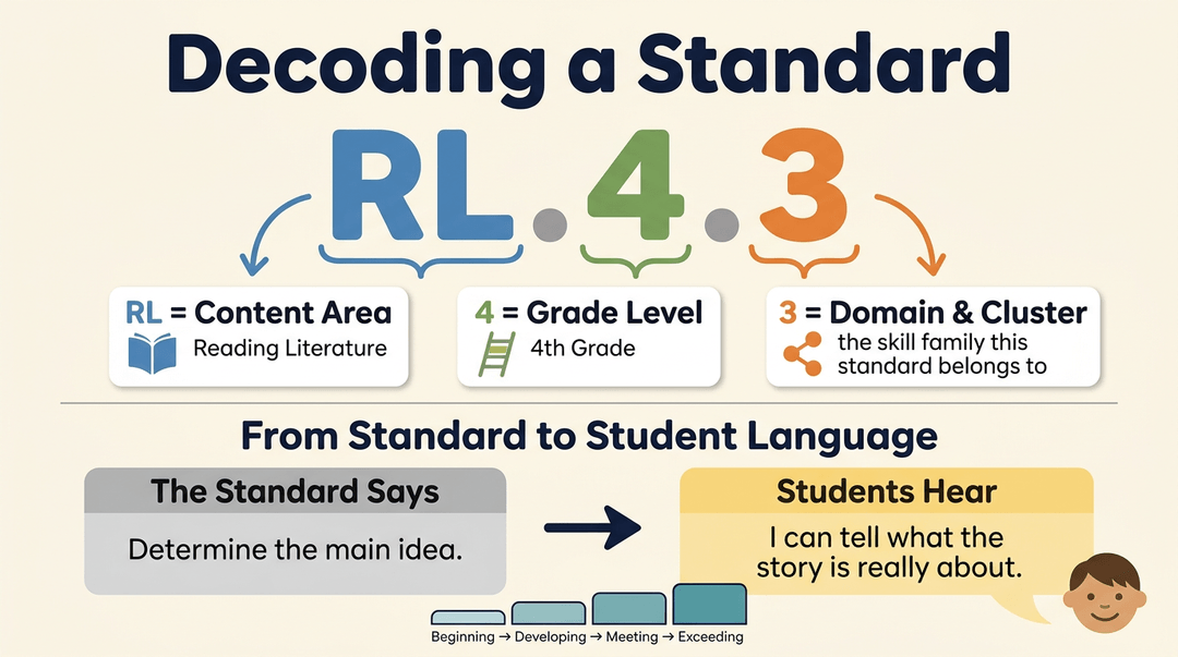 Infographic decoding RL.4.3 standard into content, grade, and skill, plus translating 'Determine main idea' to student-friendly language.