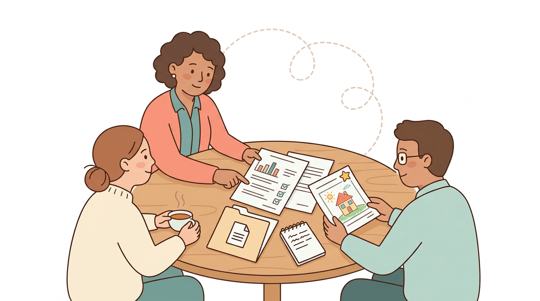 A parent, school psychologist, and teacher discuss documents, including an evaluation, safeguards, and student work.