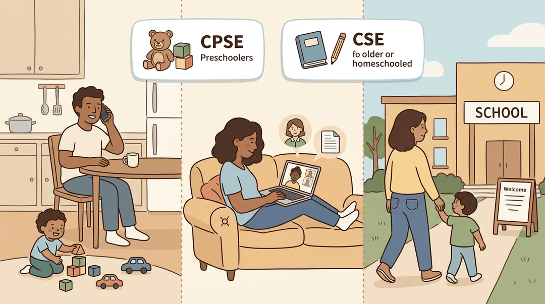 Three scenes depict parents joining school meetings: on the phone at home, on a video call, and walking to school.