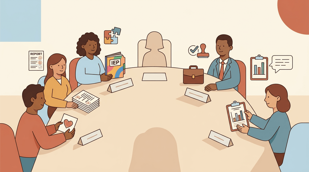 Five individuals are seated around an oval conference table, their roles indicated by icons, with an empty chair outline for a student.