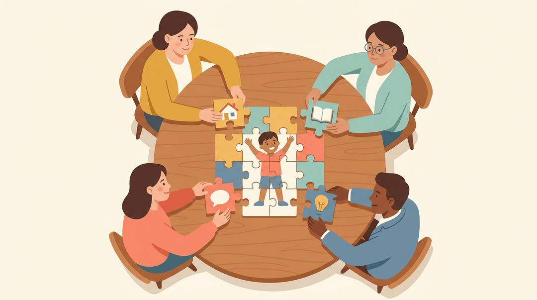 Four diverse adults collaborate around a table, each adding a unique piece to a jigsaw puzzle forming a child figure.