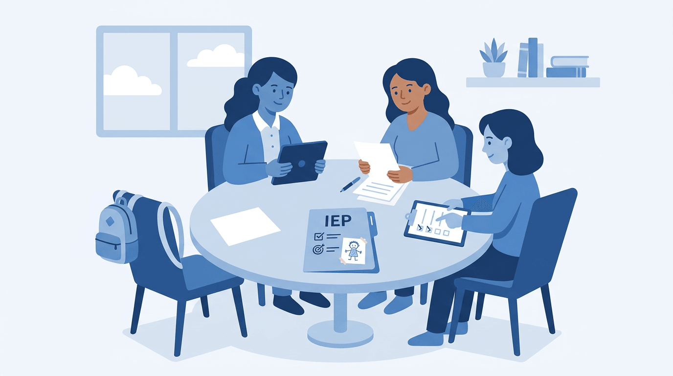 Four adults at a round table, including a teacher and special education coordinator, reviewing an IEP with one empty chair for a student.
