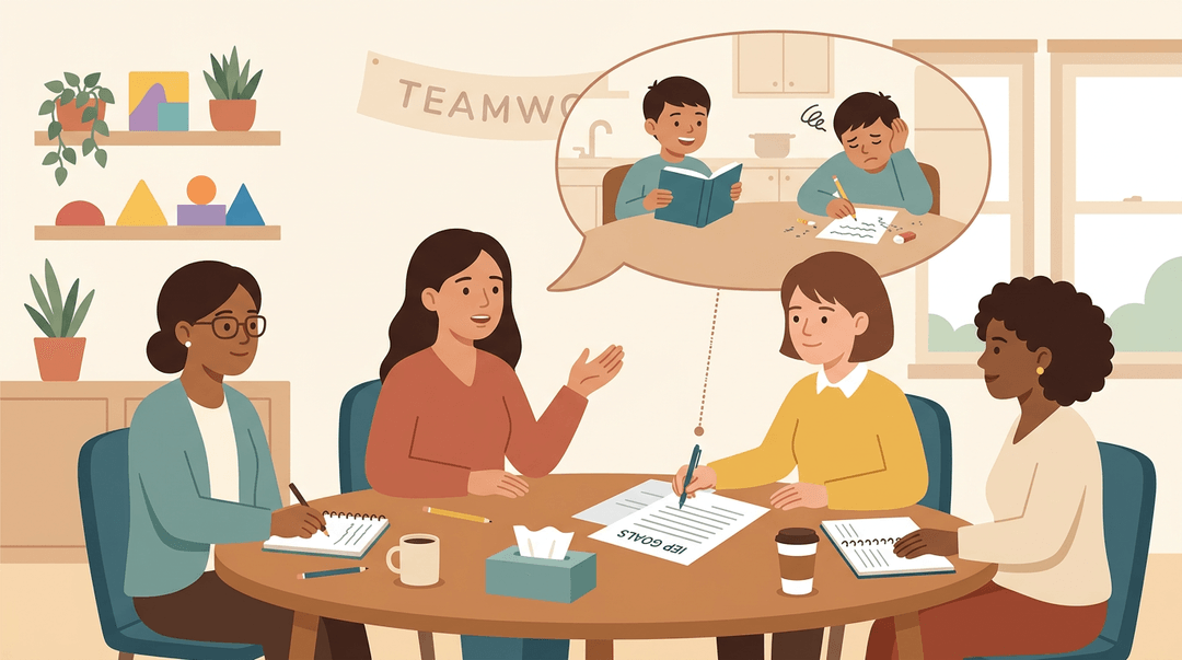 A mother shares insights about her son in a school meeting; a thought bubble shows his struggles with writing.