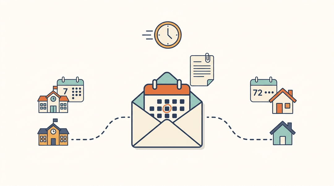 An envelope with a calendar, timelines to school and home, a document, and a clock illustrate notice periods.