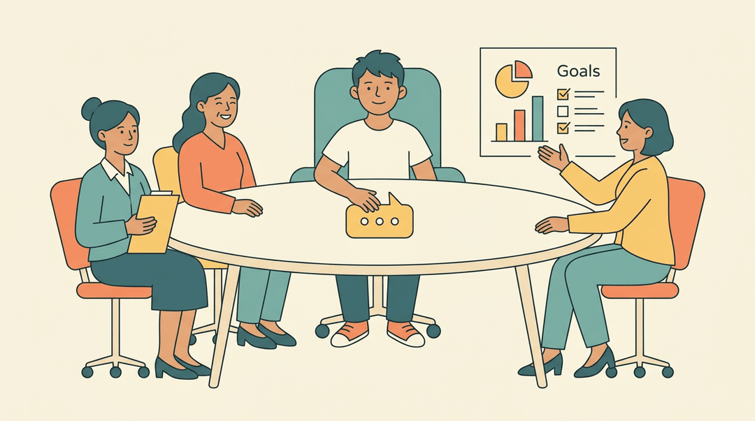 A student sits confidently at a round table with a teacher, parent, and specialist who are attentively listening.